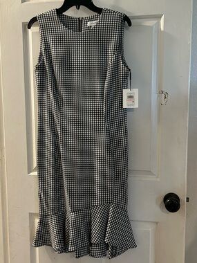 Calvin Klein Black and White Gingham Midi Dress with Ruffle Hem